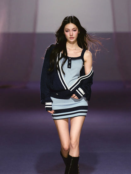 Blue V-Neck Knit Cardigan &amp; Dress Set