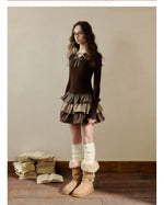 Brown & White Knit Plaid Tiered Dress