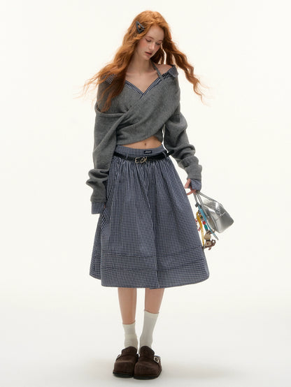 Off-Shoulder Plaid Panel Cross Sweater