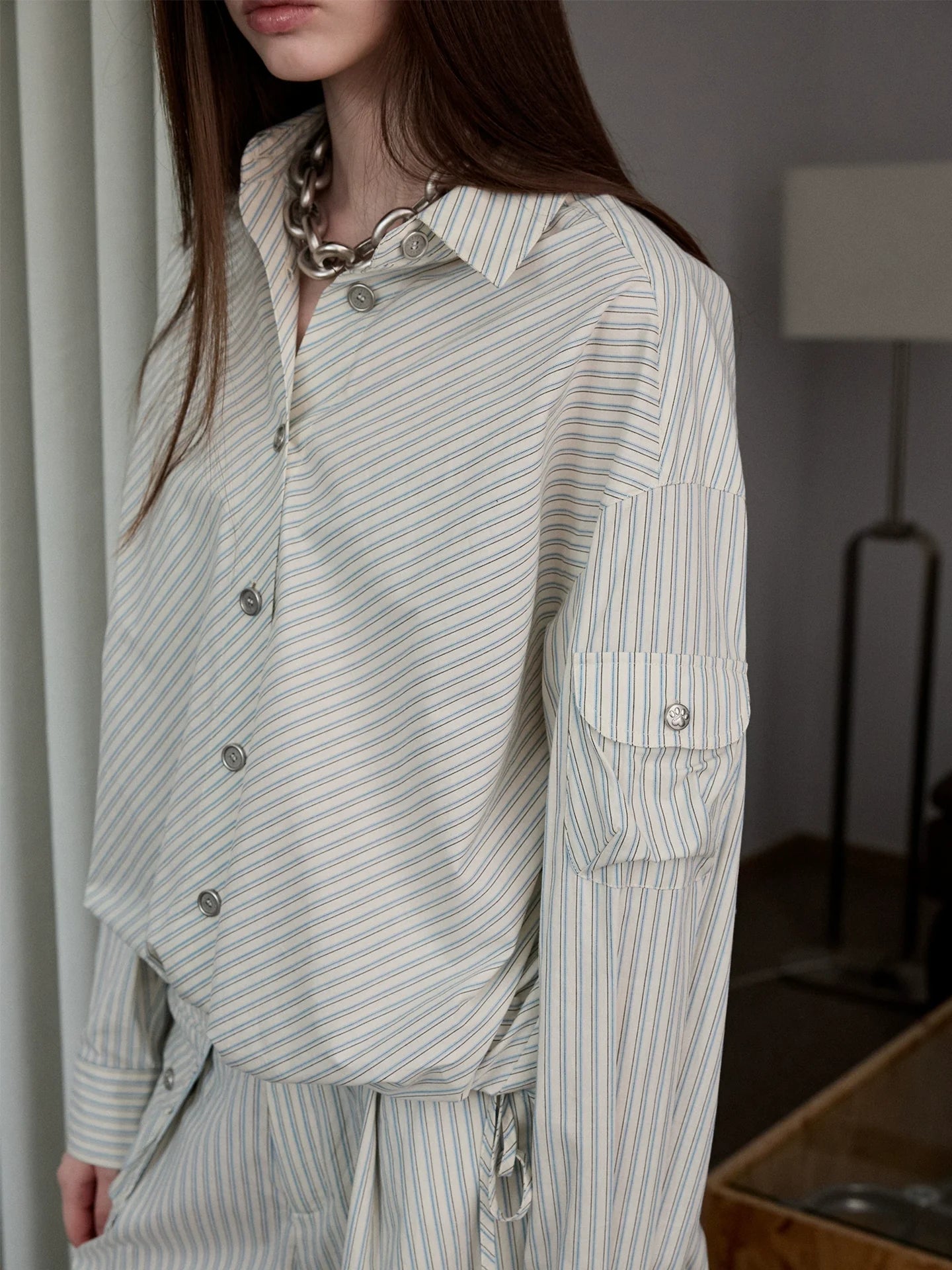 Retro Diagonal Cut Striped Bud Shirt &amp; Cargo Set