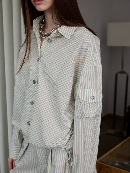 Retro Diagonal Cut Striped Bud Shirt &amp; Cargo Set