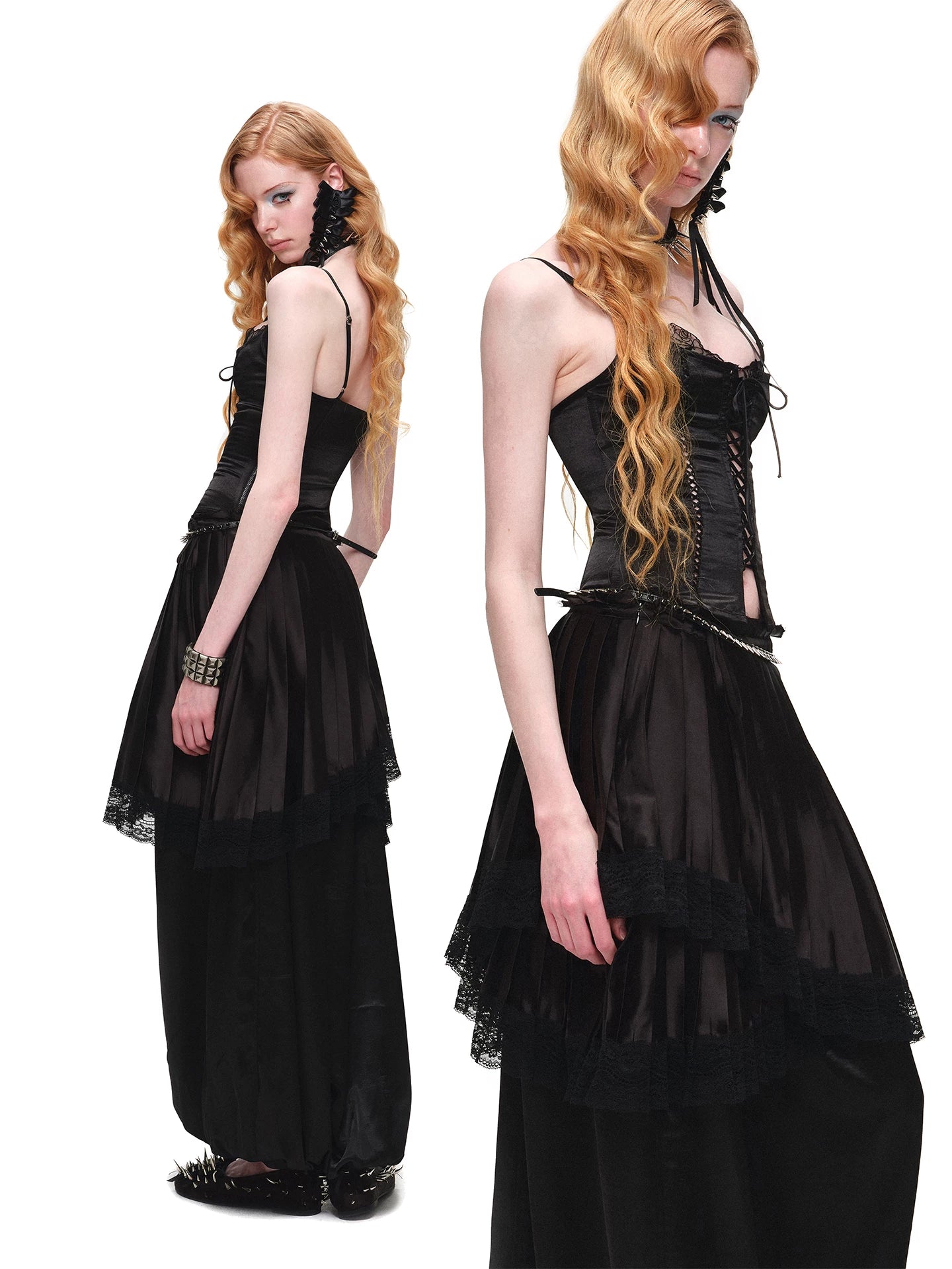 Satin Lace Asymmetric Pleated Skirt