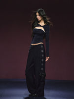 Rhinestone Pocket Drawstring Wide-Leg Pants