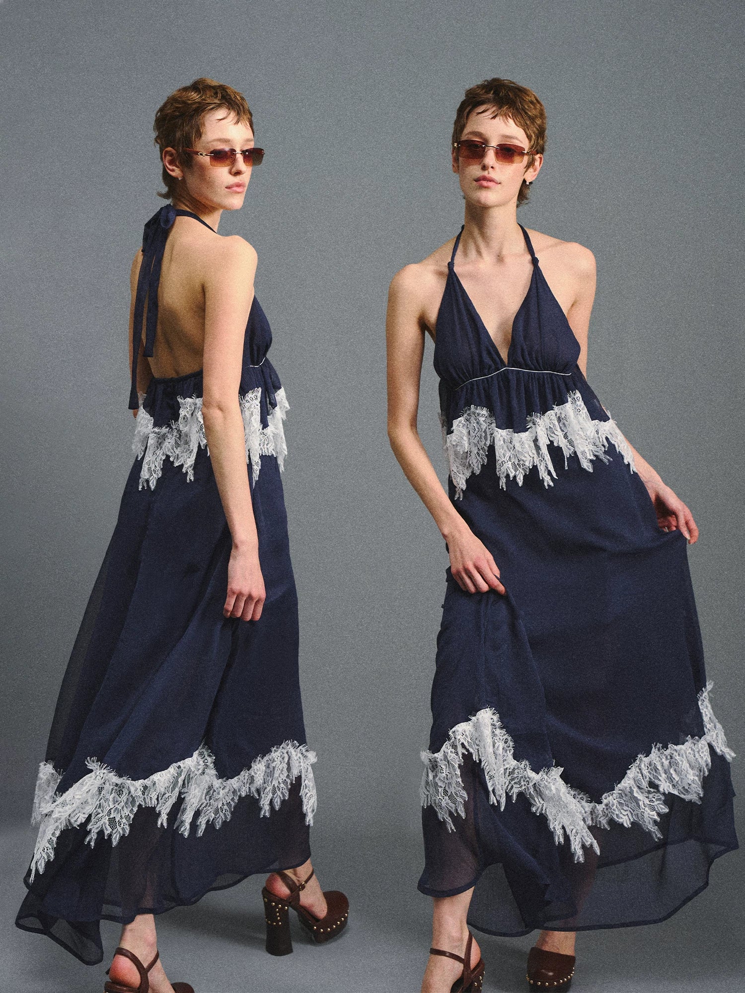 Navy Halter Lace Maxi Dress