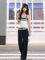 Navy Striped Drawstring Wide Leg Pants