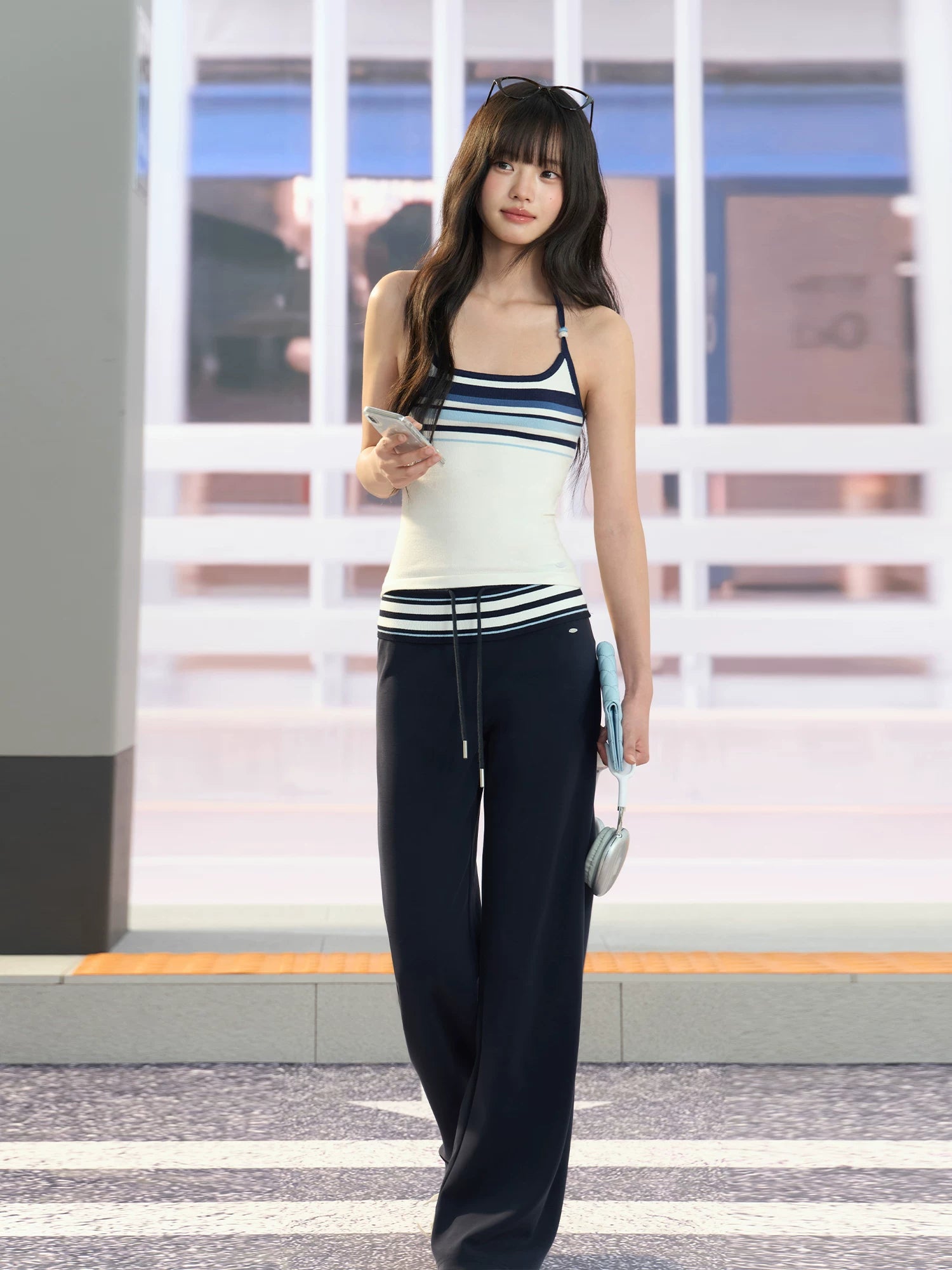 Navy Striped Drawstring Wide Leg Pants
