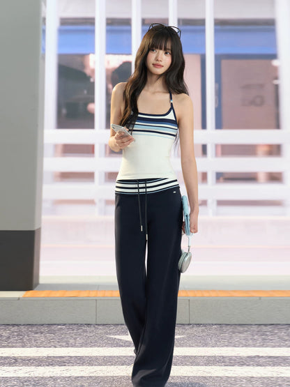 Navy Striped Drawstring Wide Leg Pants