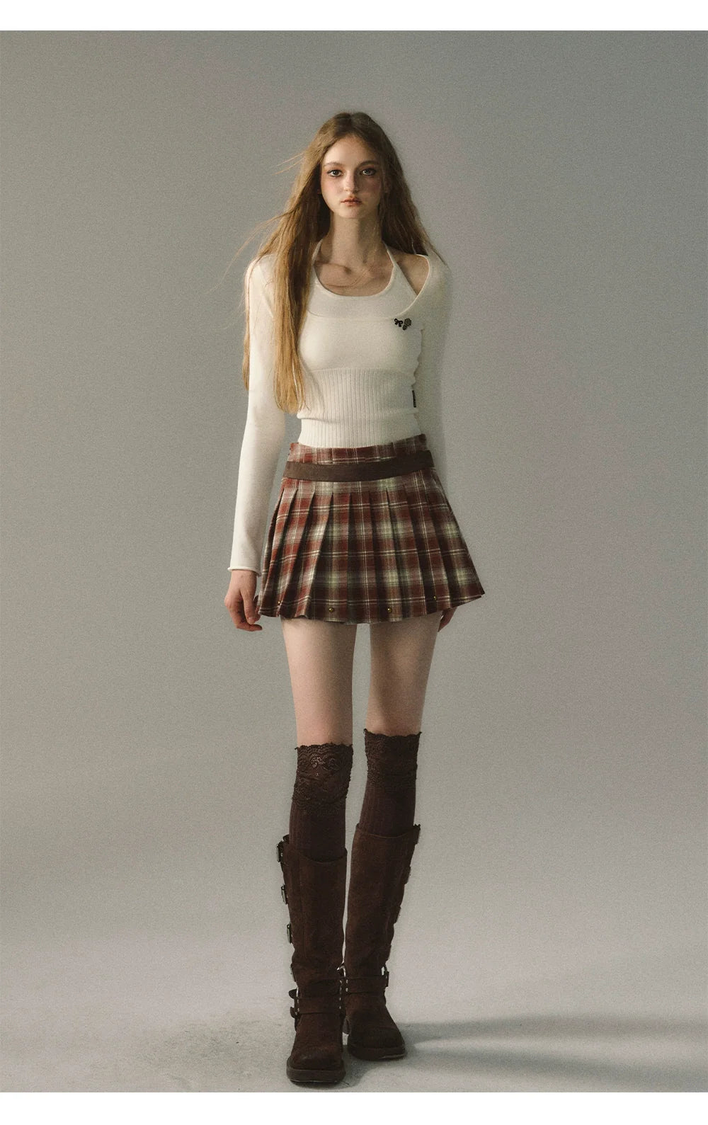 Red &amp; Coffee Plaid Pleated Mini Skirt