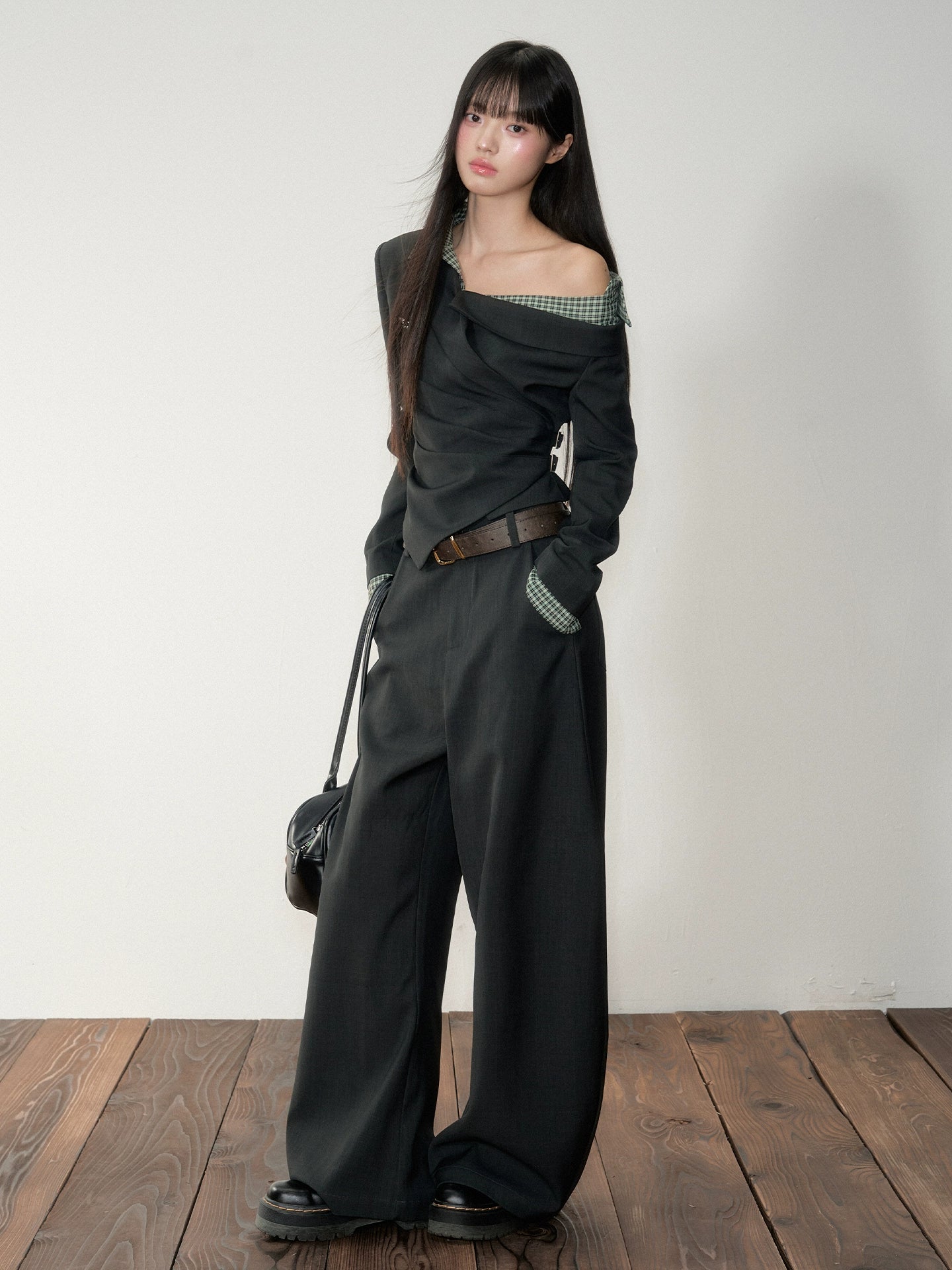 Asymmetric Shoulder Cropped Blazer &amp; Pants Set