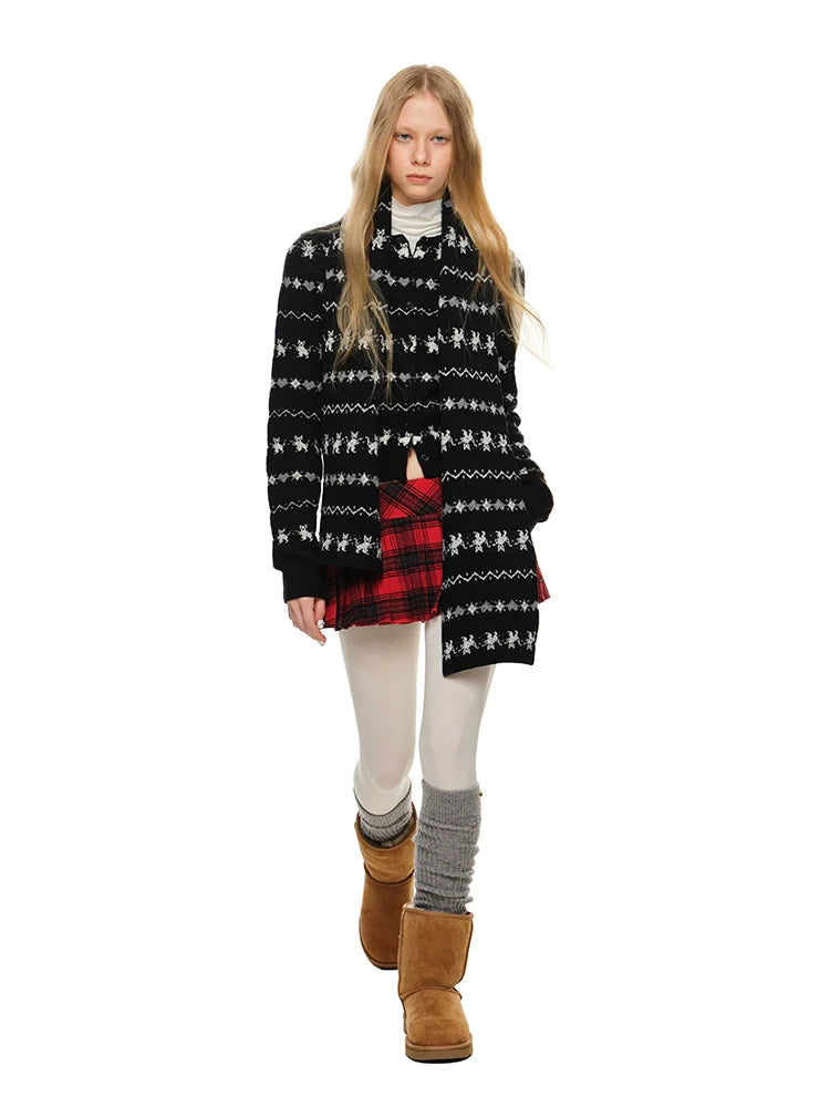Cat Jacquard Slim-Fit Knit Cardigan &amp; Scarf
