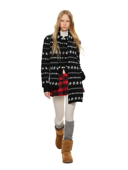 Cat Jacquard Slim-Fit Knit Cardigan &amp; Scarf