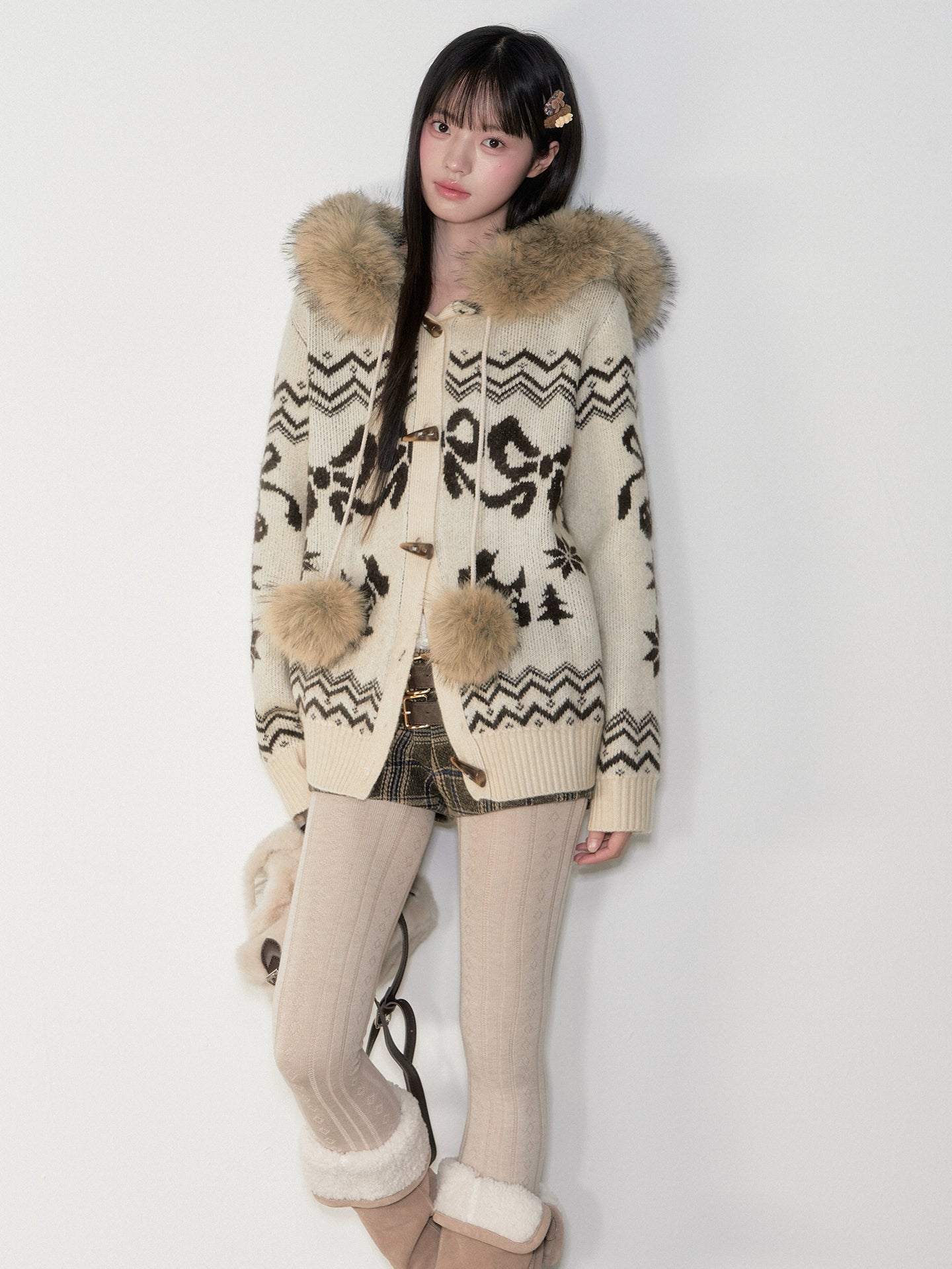 Fair Isle Fur Collar Toggle Knit Coat