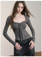 Bow Rhinestone U-neck Blouse