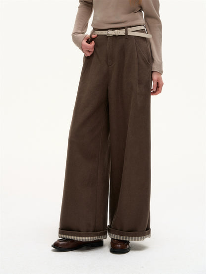 Plaid Cuff Belted Wide-Leg Pants