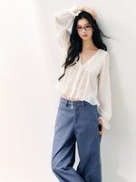 White Ruffle V-neck Blouse