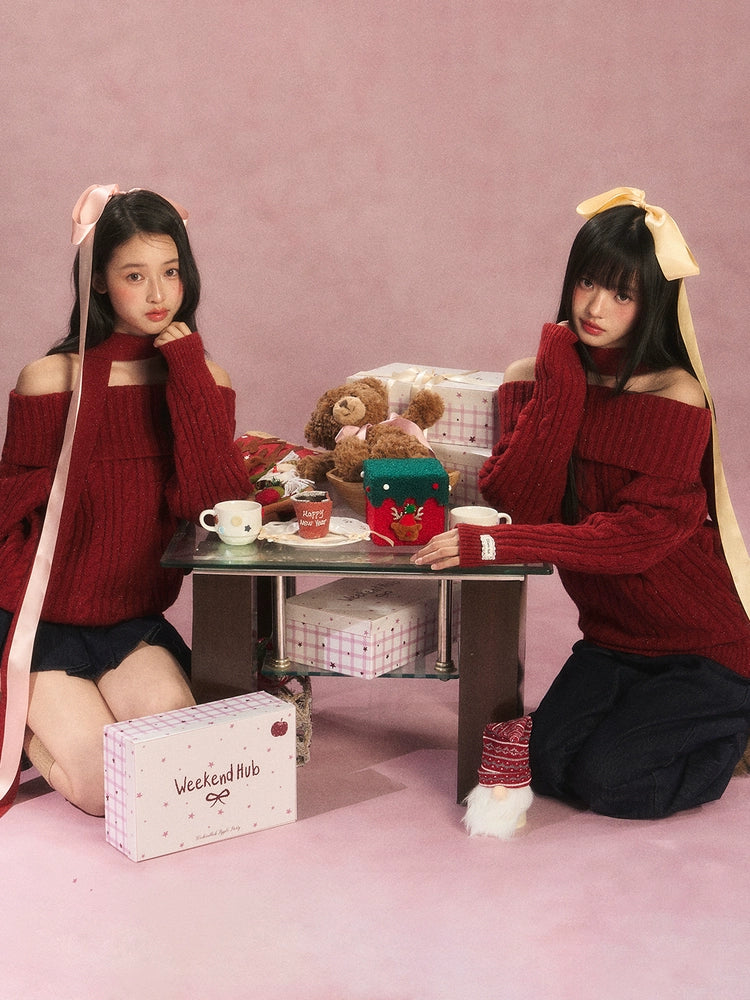 Red Off Shoulder Bow Knit Sweater