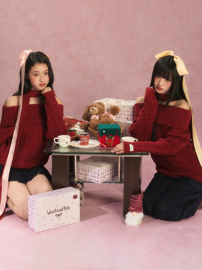 Red Off Shoulder Bow Knit Sweater