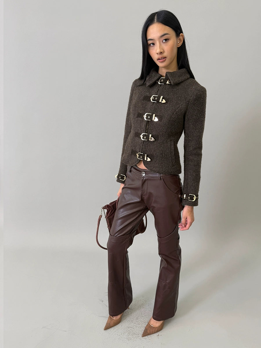 Metal-Button Wool-Blend Structured Short Jacket
