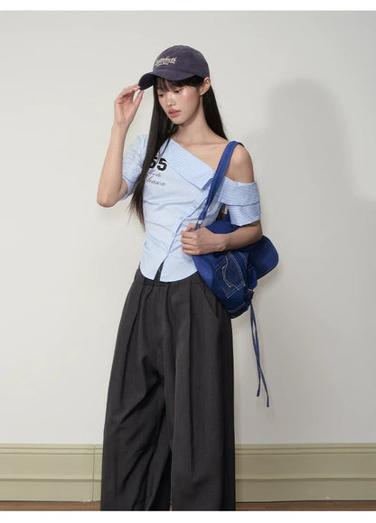 Pure-desire Asymmetric-shoulder Waist-cinching Blouse