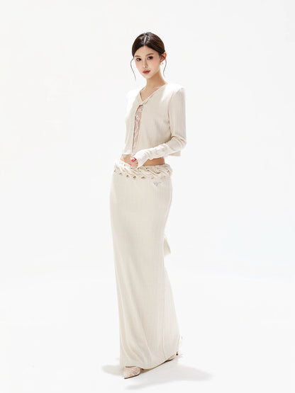 Apricot Lace Knit Blouse &amp; Skirt Set