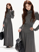 Half-High Collar Ruched A-Line Maxi Dress