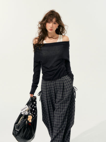 Fake Two-Piece Color-Block Draped Collar Knit Top
