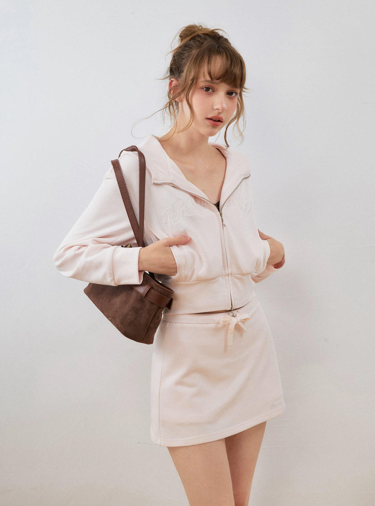Contrast Embroidered Zip Hoodie &amp; Skirt Set
