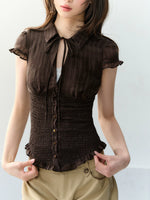 Blue & Brown Ruffle Tie Blouse