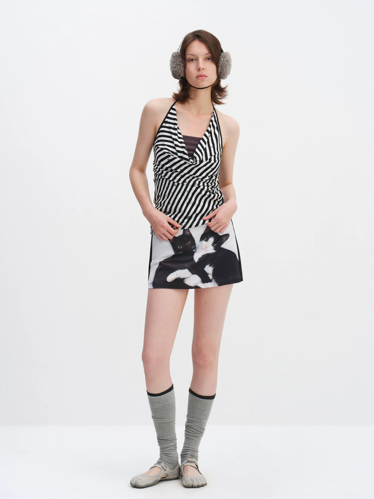 Cat Print A-Line Skirt