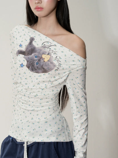 Floral Cat V-Neck Slim Tee