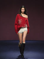 Beaded Off-shoulder Silhouette Sweatshirt