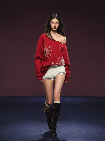 Beaded Off-shoulder Silhouette Sweatshirt