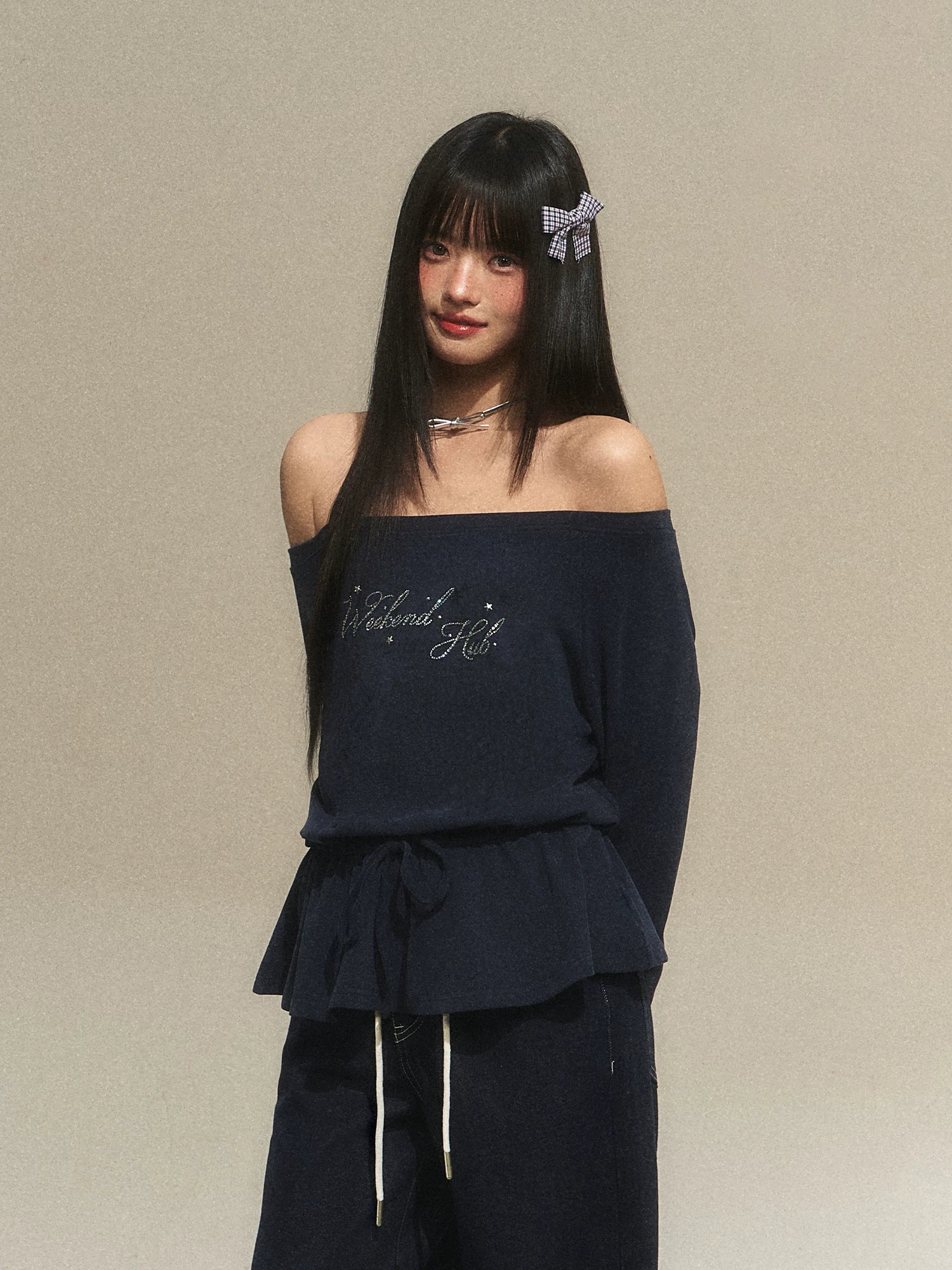 Off-Shoulder Rhinestone Letter Tee