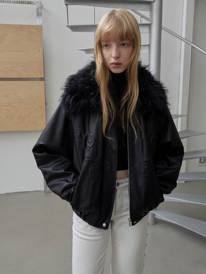 Embroidered Faux Fur Collar Leather Jacket