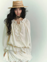 Off-Shoulder Tie Lantern Sleeve Shirt
