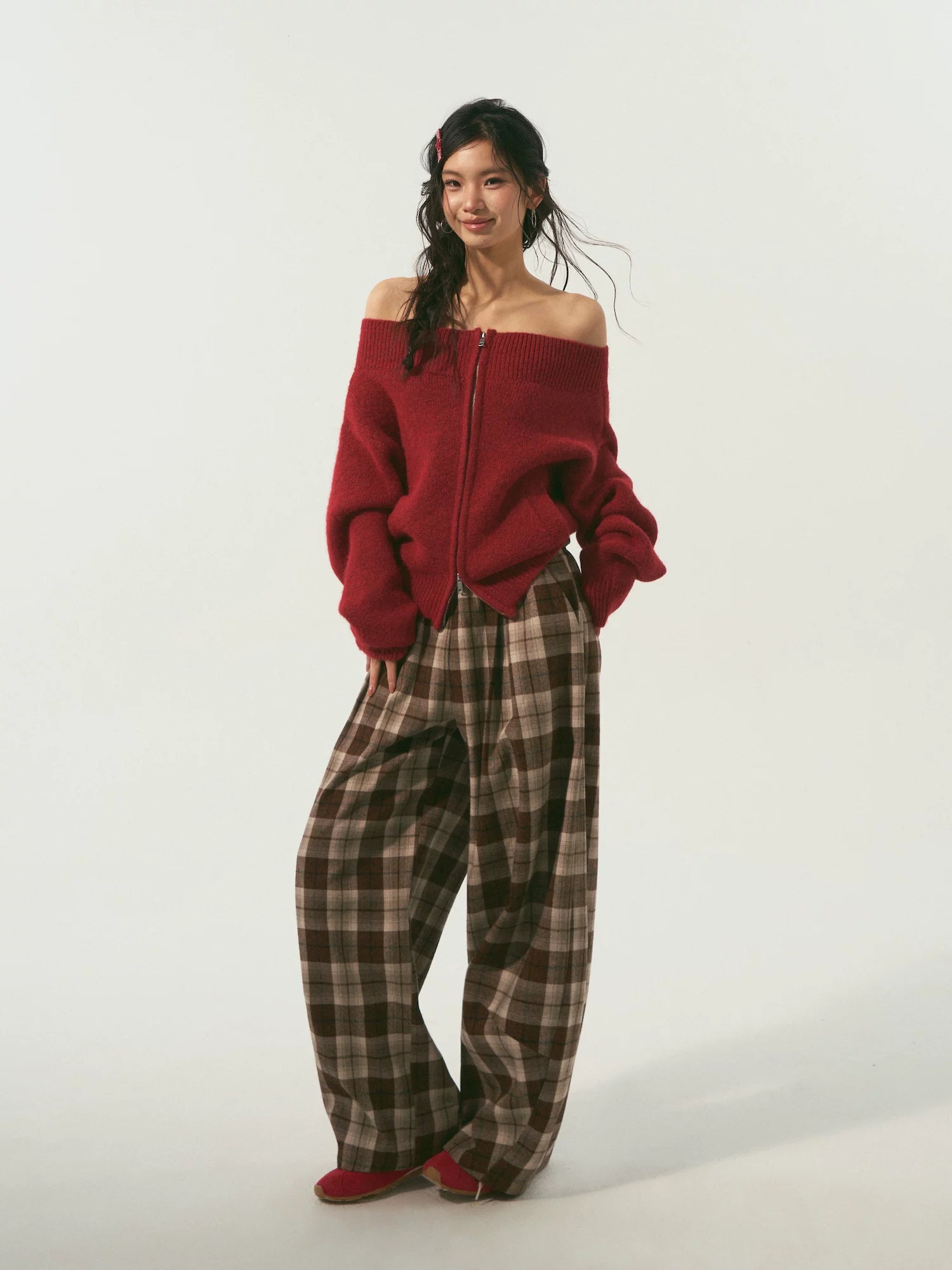 Red Off Shoulder Zip Cardigan