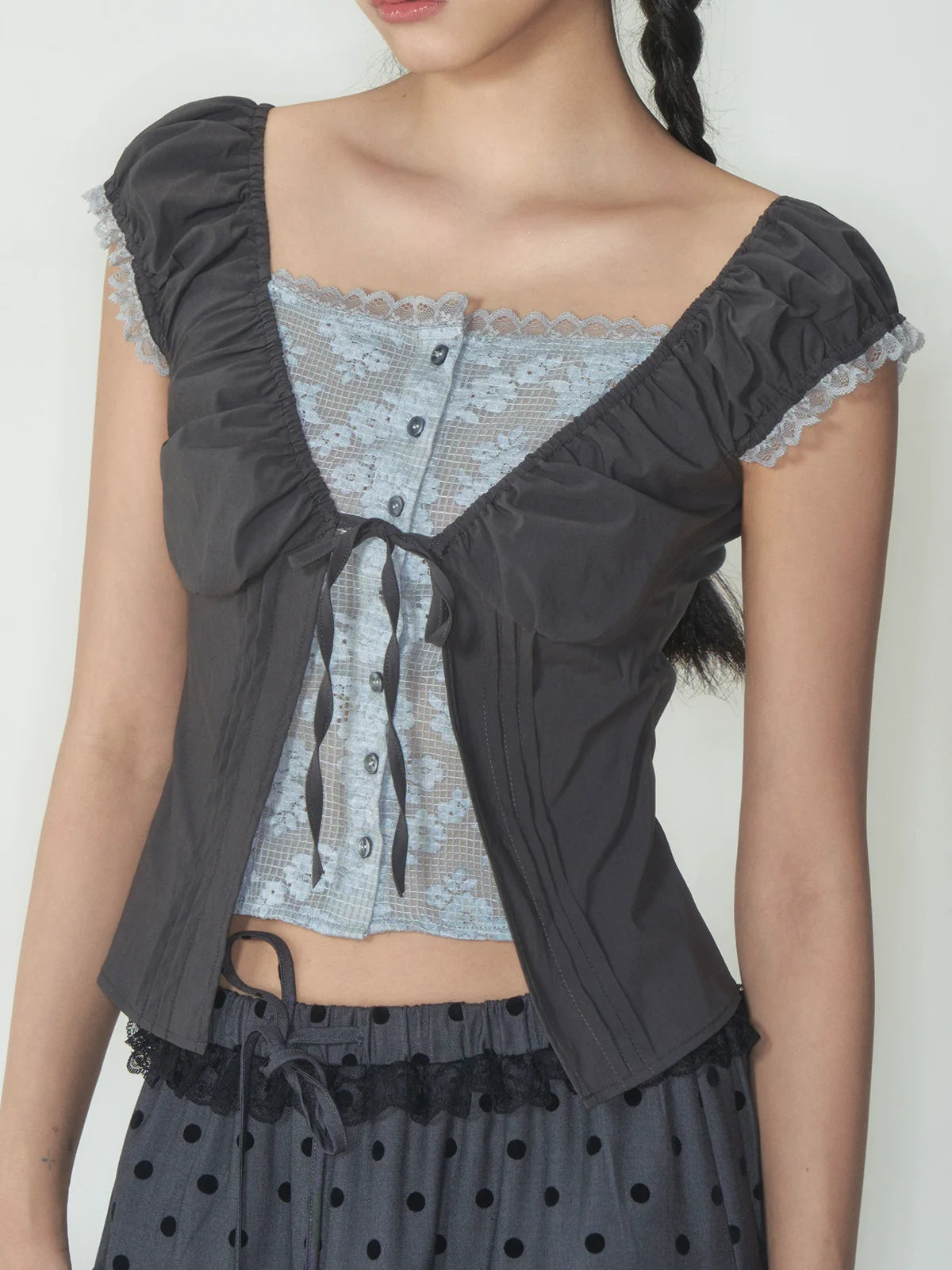 Fake Two-Piece Floral Lace Shirt Top