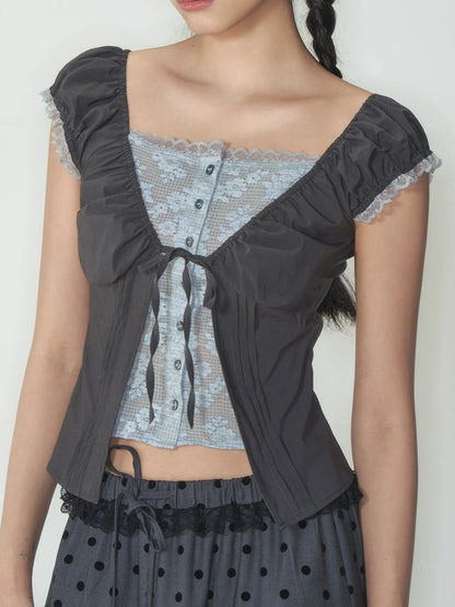 Fake Two-Piece Floral Lace Shirt Top