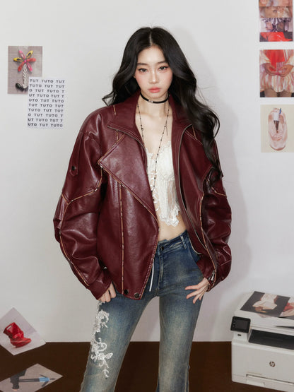 Striped Collar Biker Leather Jacket