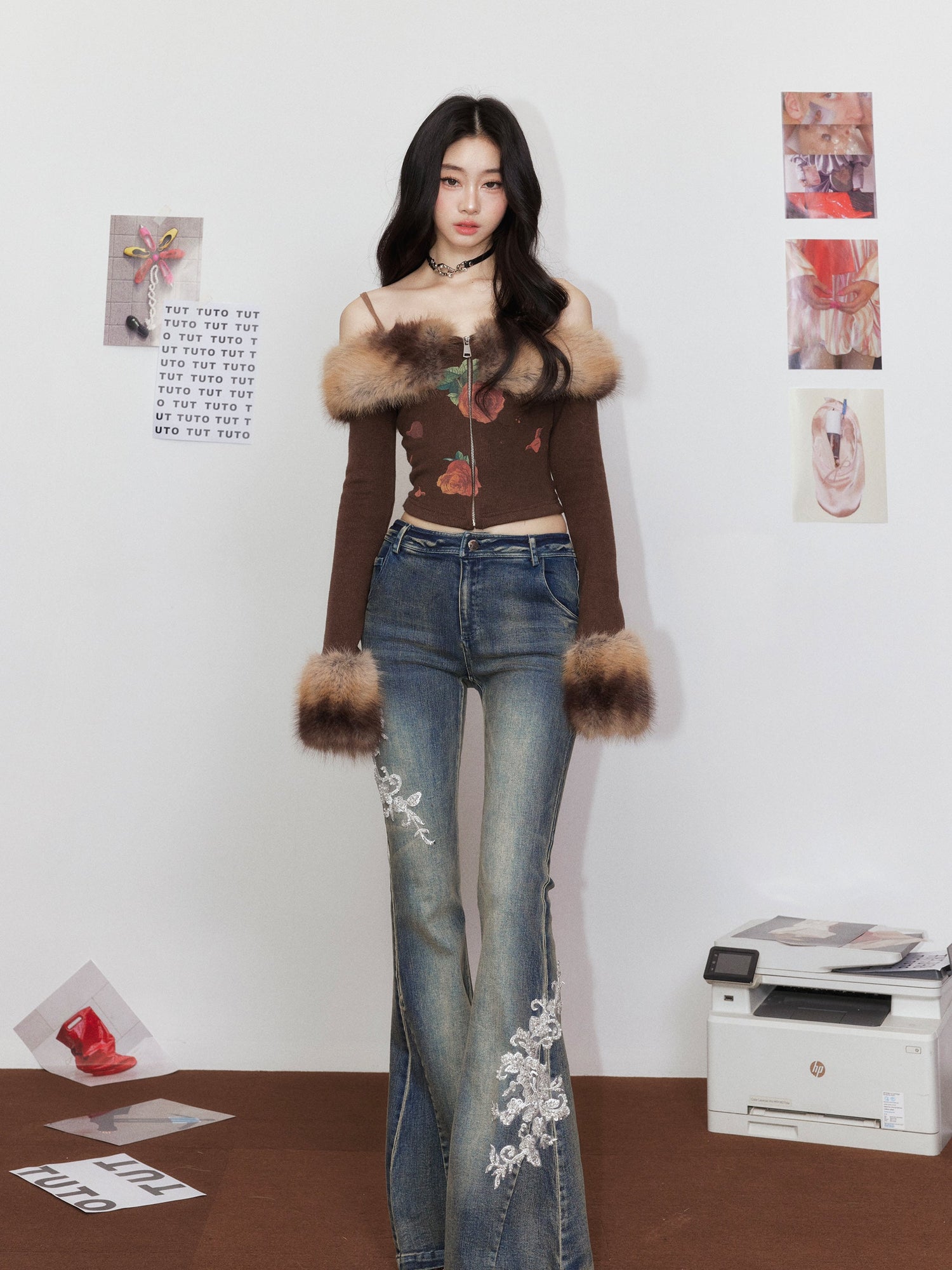 Faux Fur Gradient Knit Sweater with Fur Collar &amp; Skirt Set