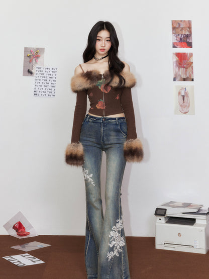 Faux Fur Gradient Knit Sweater with Fur Collar &amp; Skirt Set