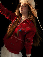 Red Snowflake Bunny Print Knit Cardigan