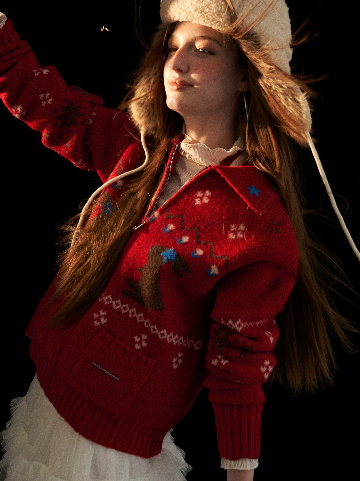 Red Snowflake Bunny Print Knit Cardigan