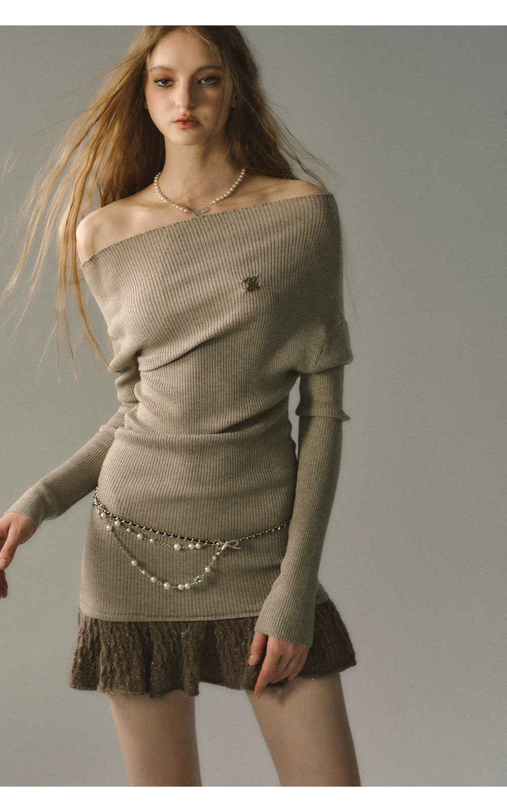 Khaki &amp; Black Off-shoulder Knitted Mini Dress