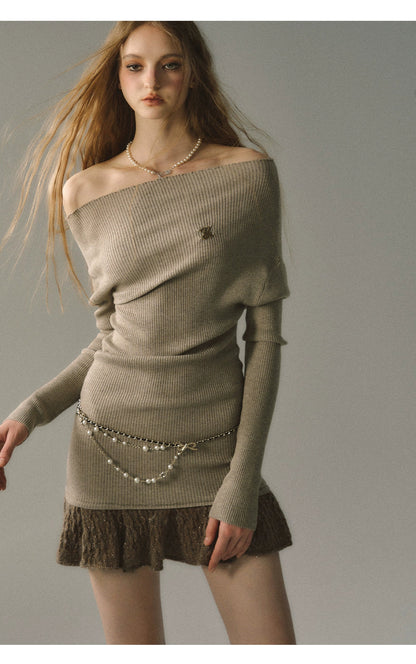 Khaki &amp; Black Off-shoulder Knitted Mini Dress