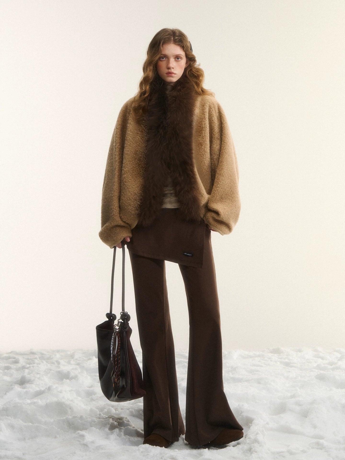 Camel Wool Fur Collar Cape Jacket