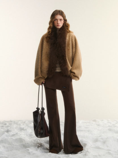 Camel Wool Fur Collar Cape Jacket