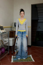 Contrast Layered Henley Blouse