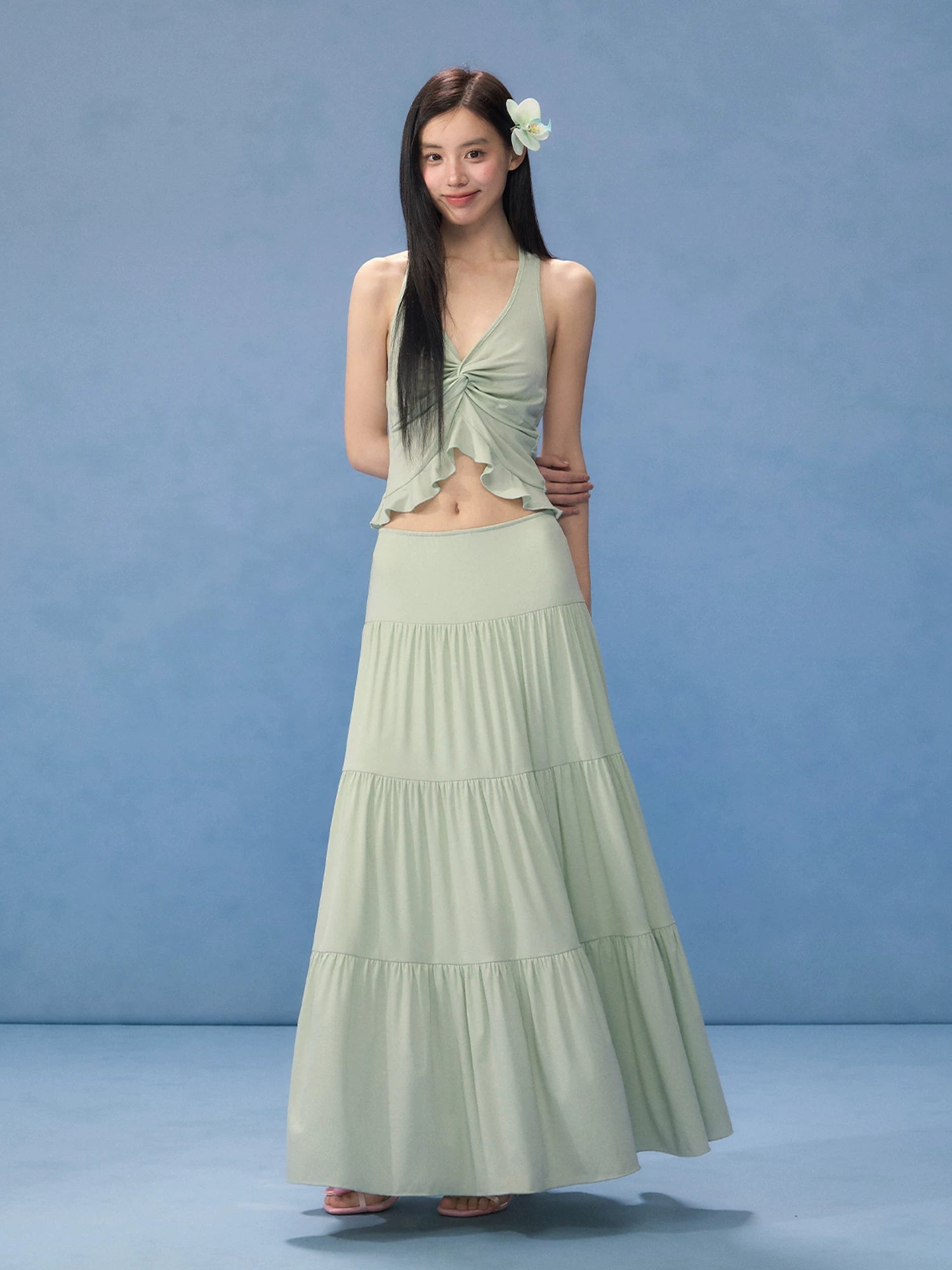 Green Twist Halter Camisole &amp; Skirt Set