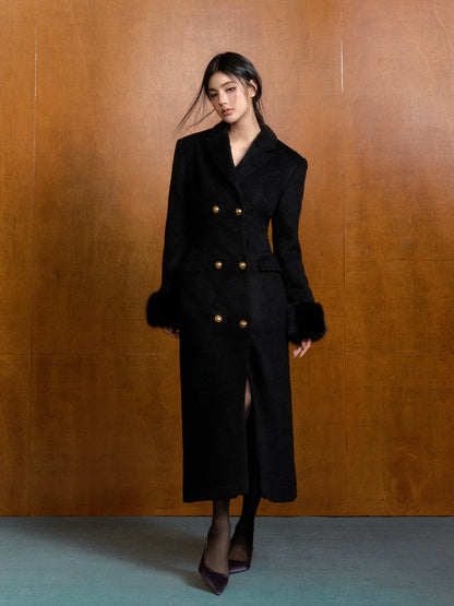 Fur-Collar Wool Coat &amp; Scarf Set